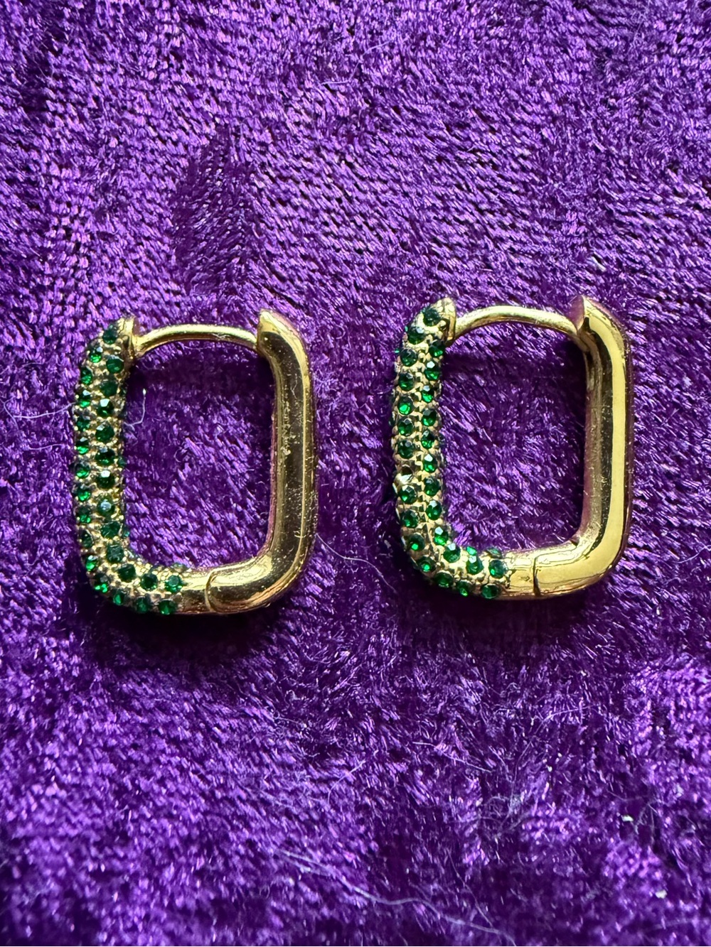 Gold Hoop Rectangle Earrings with Green Stones